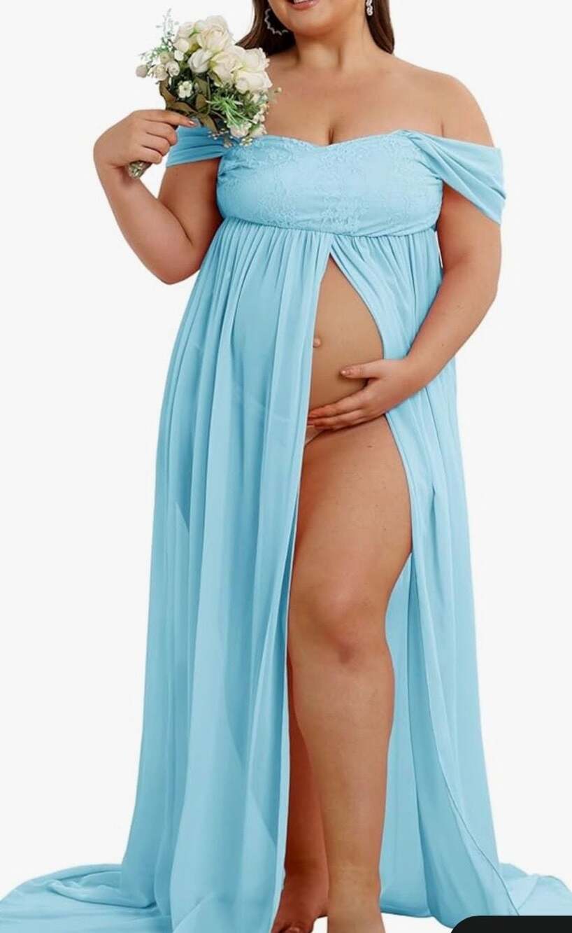 Saslax Sky Blue Off-the-Shoulder Lace Maternity Photoshoot Dress Size L